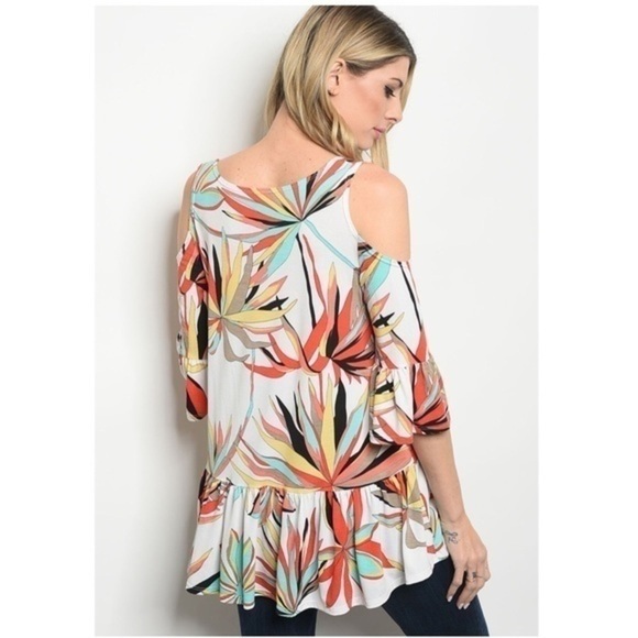 Red White Cold Shoulder Floral  Top - Picture 2 of 2